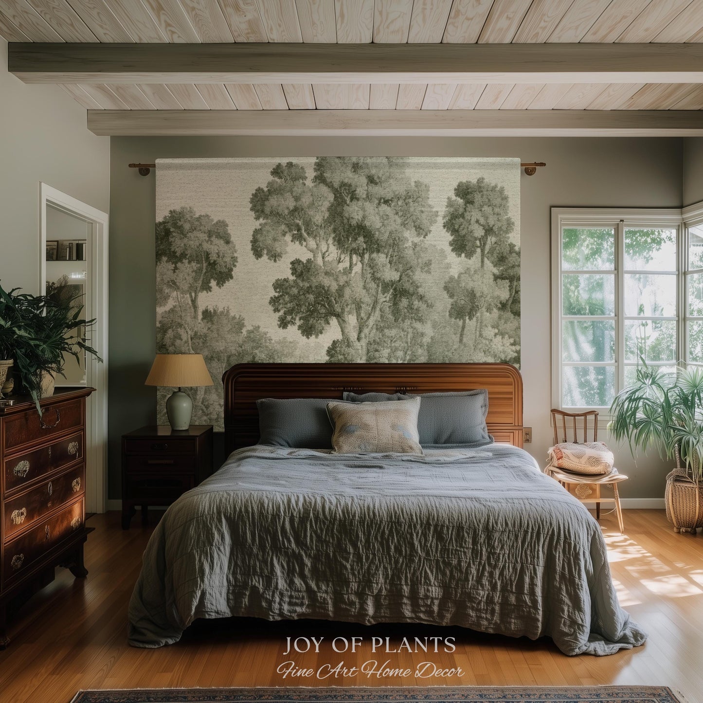Subtle Botanical Timeless Wall Tapestry | Delicate Forest Woodland Textile Misty Arboretum Soft Countryside Pale Sage Green 19th Century