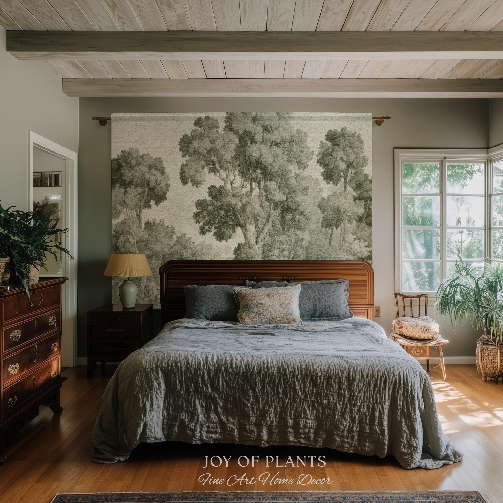 Subtle Botanical Timeless Wall Tapestry | Delicate Forest Woodland Textile Misty Arboretum Soft Countryside Pale Sage Green 19th Century