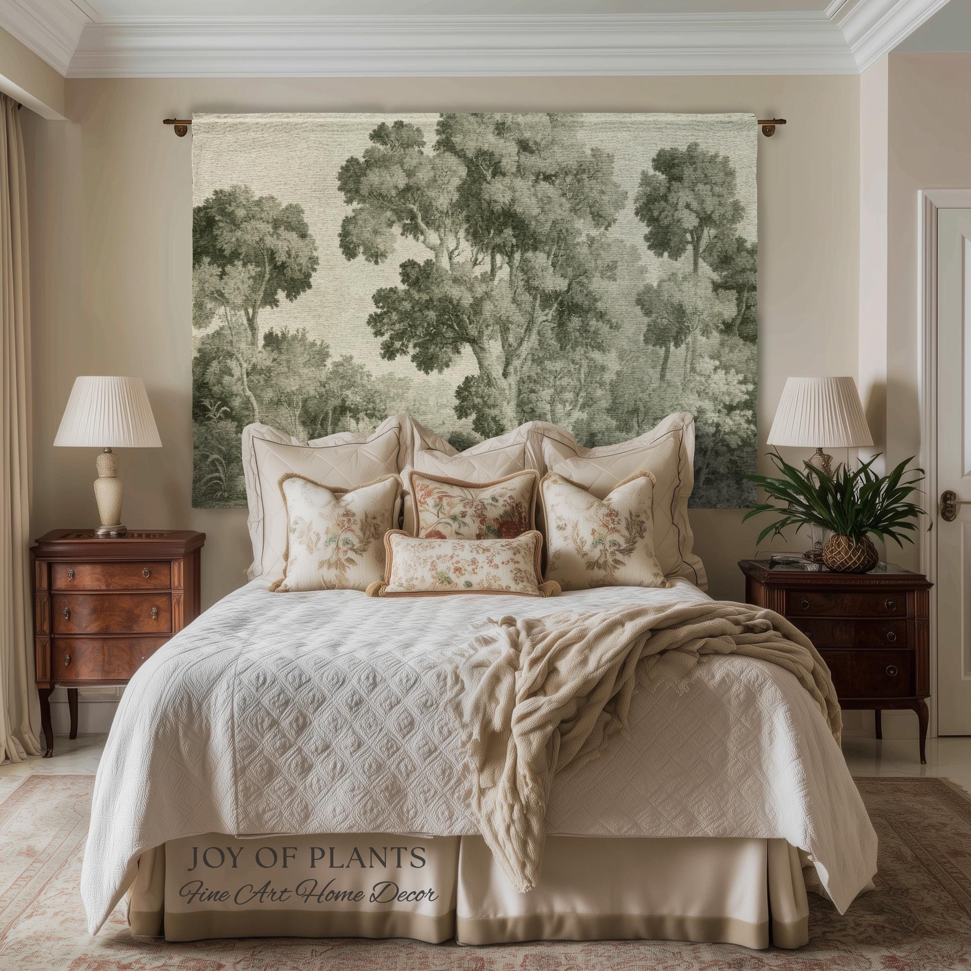 Subtle Botanical Timeless Wall Tapestry | Delicate Forest Woodland Textile Misty Arboretum Soft Countryside Pale Sage Green 19th Century