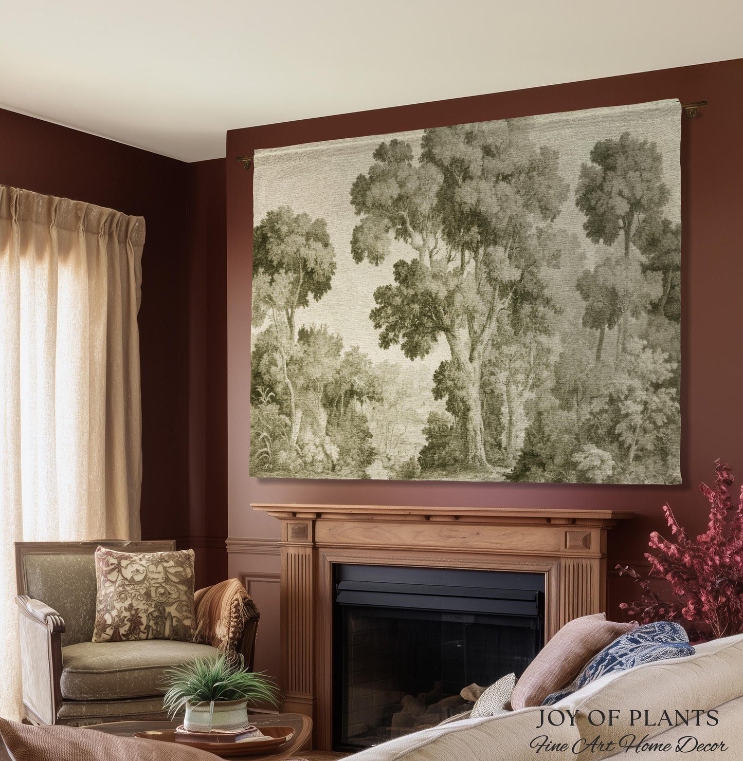 Subtle Botanical Timeless Wall Tapestry | Delicate Forest Woodland Textile Misty Arboretum Soft Countryside Pale Sage Green 19th Century