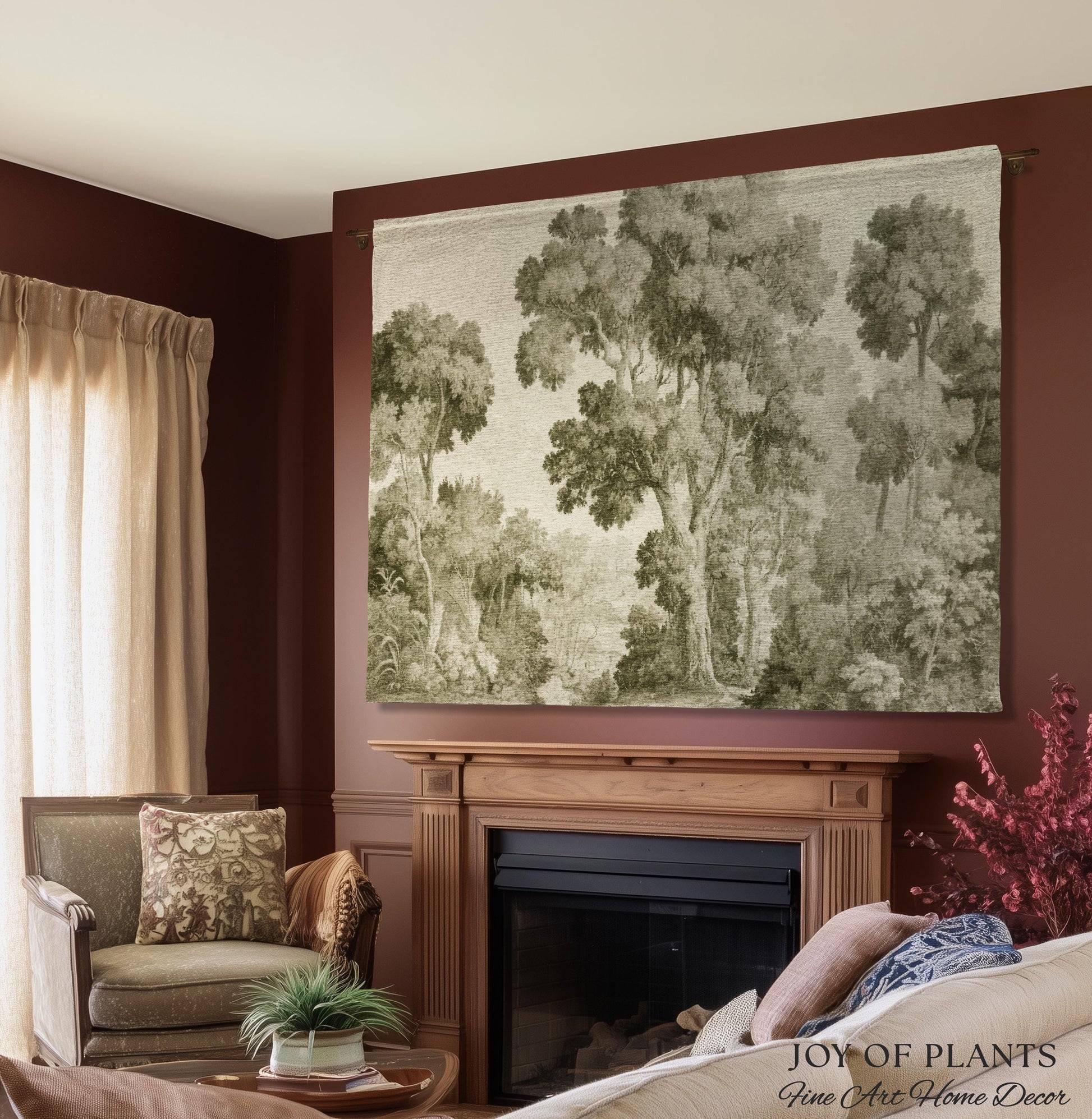 Subtle Botanical Timeless Wall Tapestry | Delicate Forest Woodland Textile Misty Arboretum Soft Countryside Pale Sage Green 19th Century