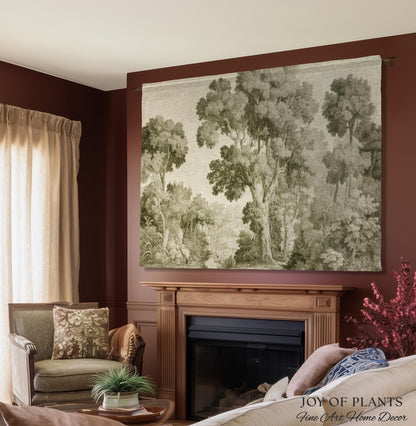 Subtle Botanical Timeless Wall Tapestry | Delicate Forest Woodland Textile Misty Arboretum Soft Countryside Pale Sage Green 19th Century
