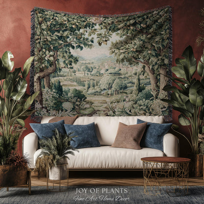 Pastoral Garden Estate Tapestry | Rustic Elegance Old World Woven Throw Blanket European Scenic Vista French Verdure Landscape Pastel Floral
