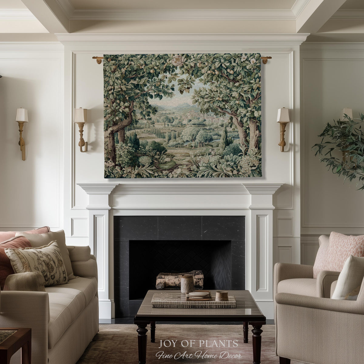 Pastoral Garden Estate Tapestry | Rustic Elegance Old World Woven Throw Blanket European Scenic Vista French Verdure Landscape Pastel Floral