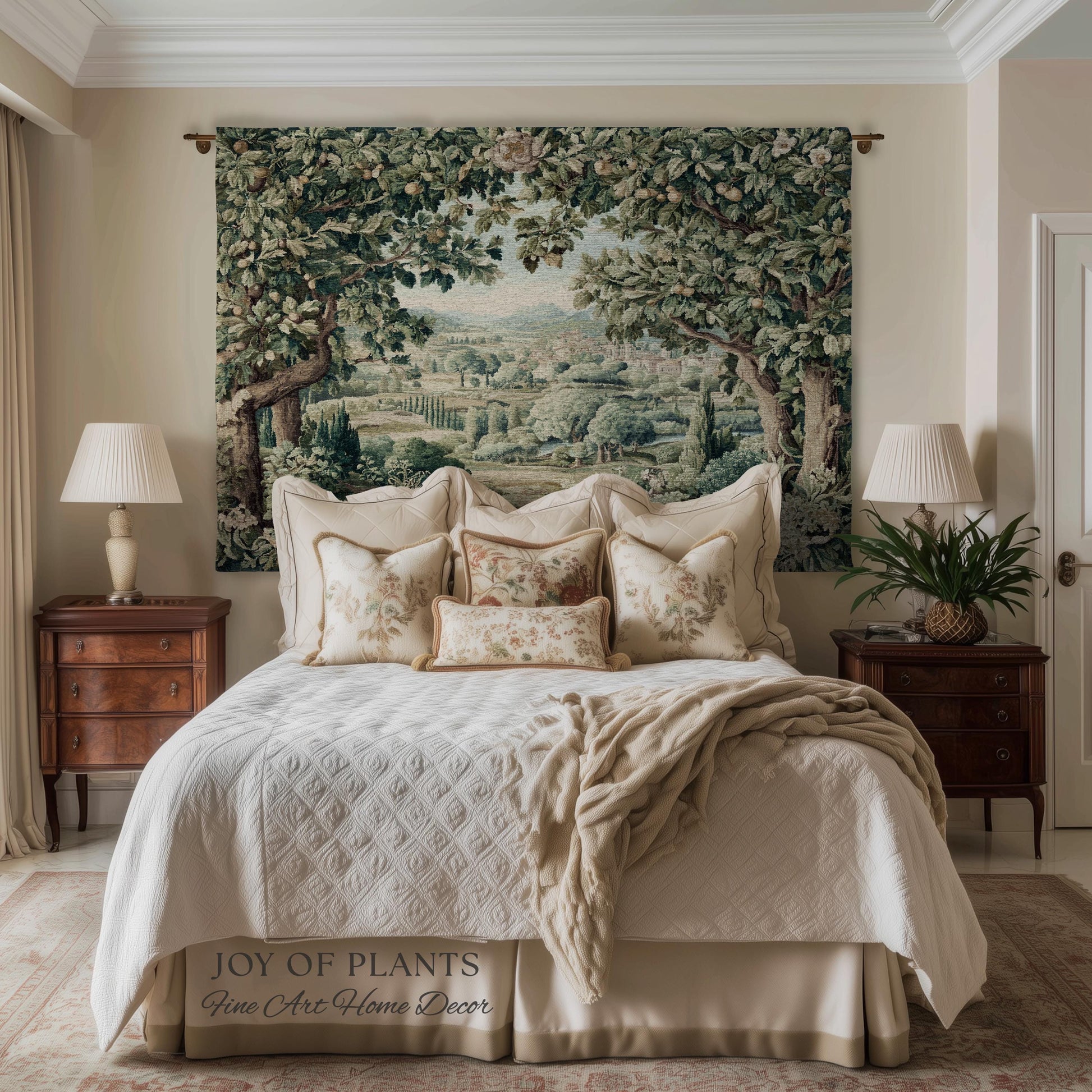 Pastoral Garden Estate Tapestry | Rustic Elegance Old World Woven Throw Blanket European Scenic Vista French Verdure Landscape Pastel Floral