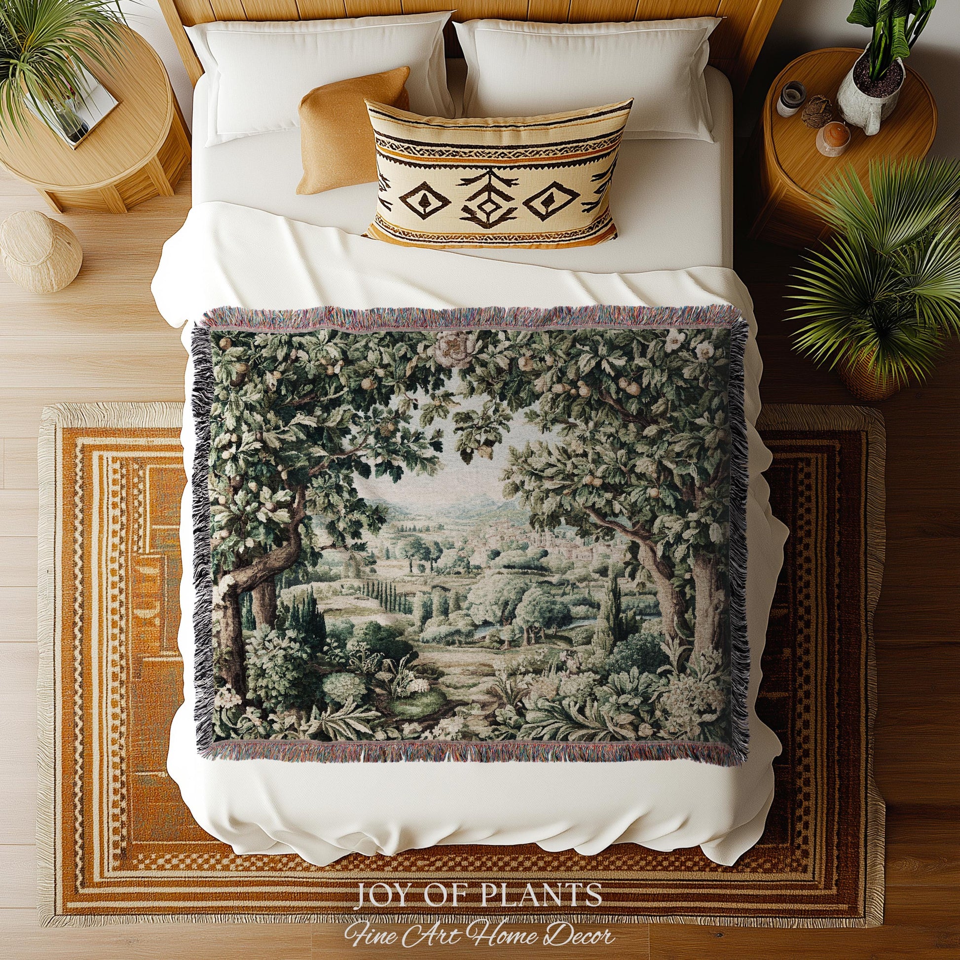 Pastoral Garden Estate Tapestry | Rustic Elegance Old World Woven Throw Blanket European Scenic Vista French Verdure Landscape Pastel Floral