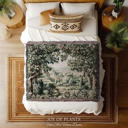 Pastoral Garden Estate Tapestry | Rustic Elegance Old World Woven Throw Blanket European Scenic Vista French Verdure Landscape Pastel Floral