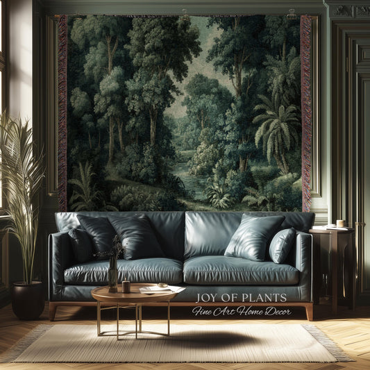 Old World Jungle Realism Tapestry | Victorian Botanical Atmospheric Forest Woven Throw Blanket Green Nature French Greenery Wall Art Earthy