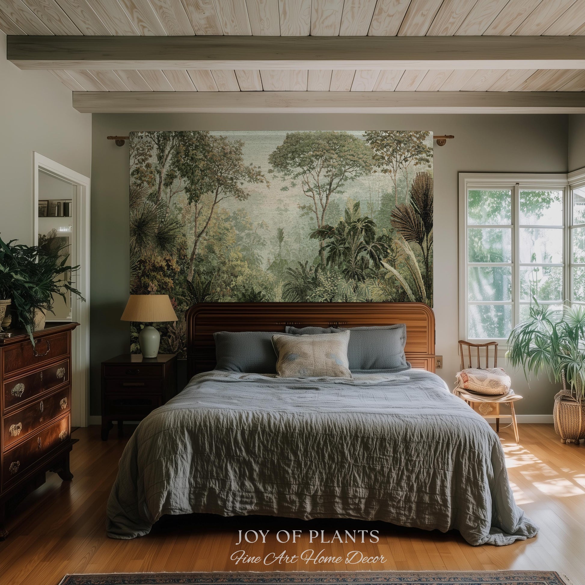 Old World Tropical Valley Woven Tapestry | Green Conservatory Naturalist Throw Blanket Verdure Landscape Victorian Botanical Classical Art