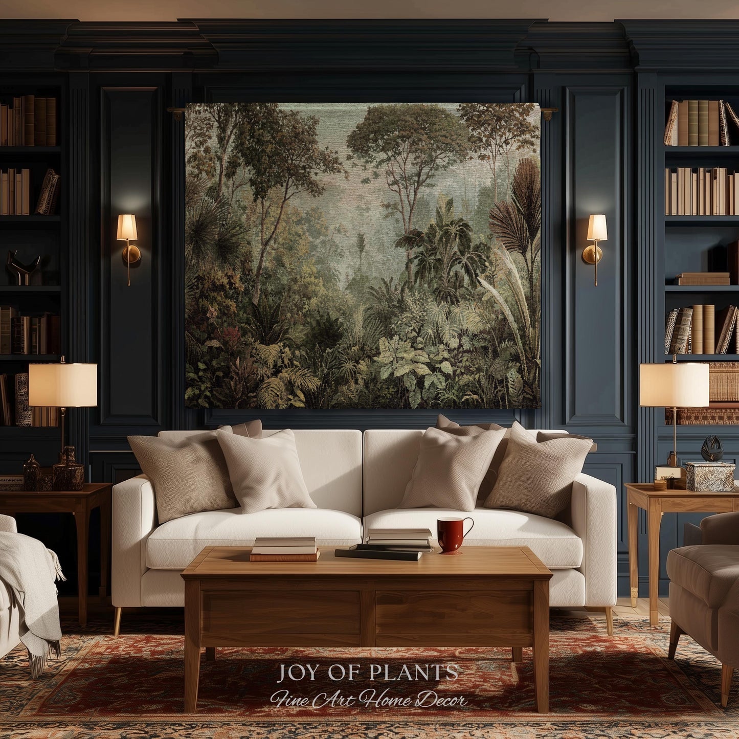 Old World Tropical Valley Woven Tapestry | Green Conservatory Naturalist Throw Blanket Verdure Landscape Victorian Botanical Classical Art