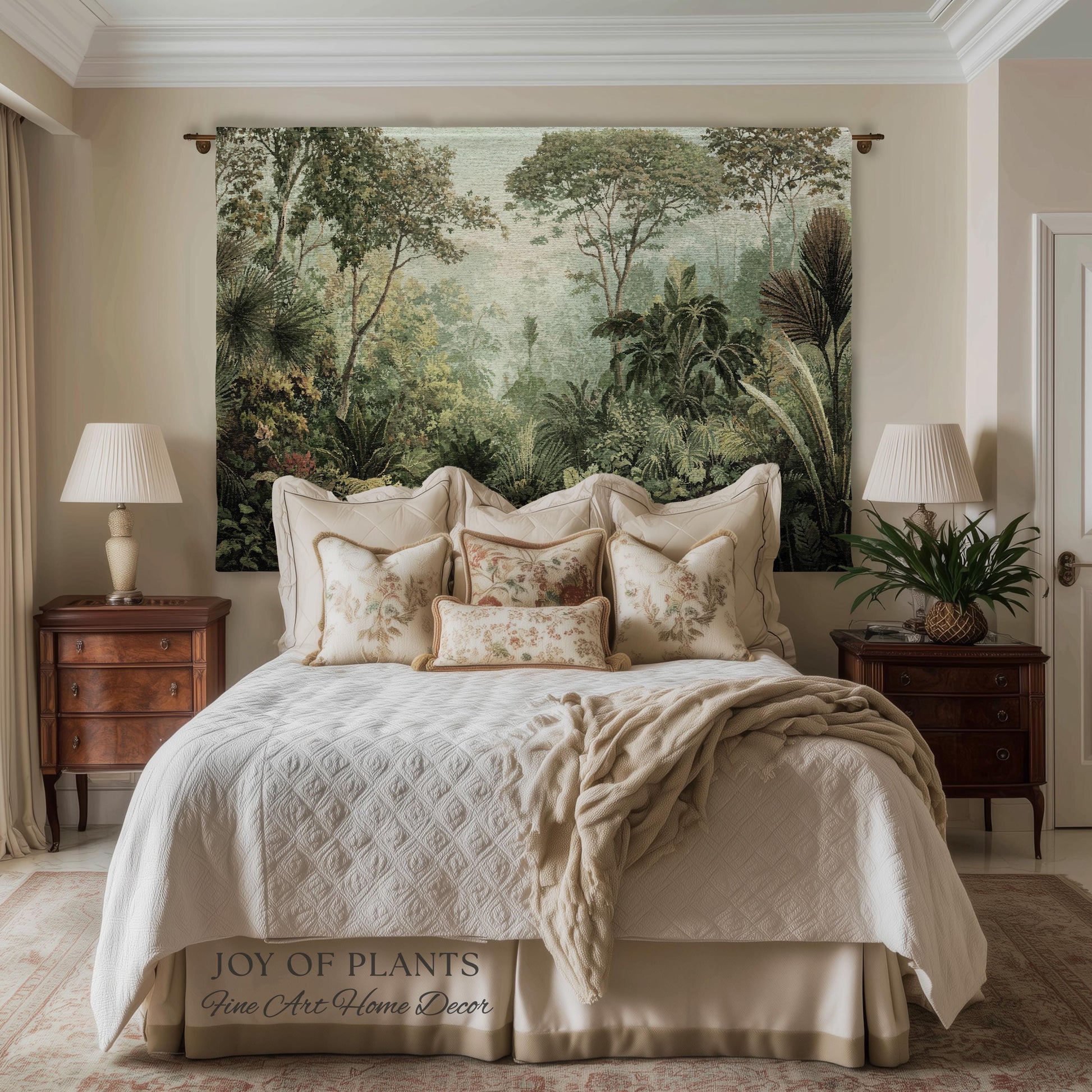 Old World Tropical Valley Woven Tapestry | Green Conservatory Naturalist Throw Blanket Verdure Landscape Victorian Botanical Classical Art