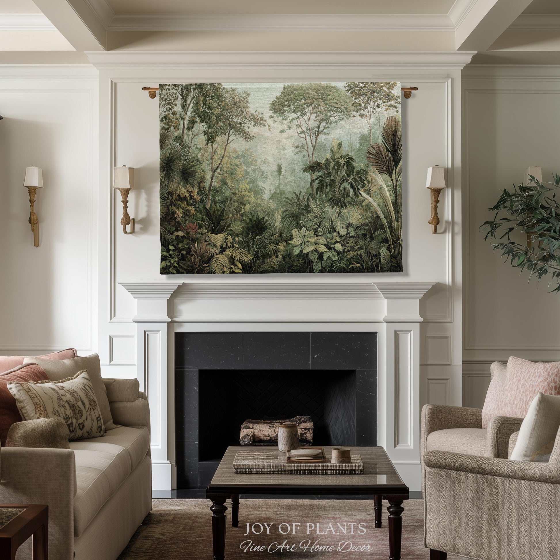 Old World Tropical Valley Woven Tapestry | Green Conservatory Naturalist Throw Blanket Verdure Landscape Victorian Botanical Classical Art