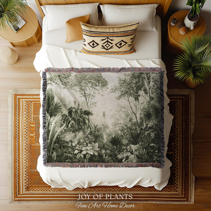 Overgrown Wilderness Botanical Tapestry | Monochrome Sage Green Natural History Misty Tropical European Conservatory Wall Textile Jacquard