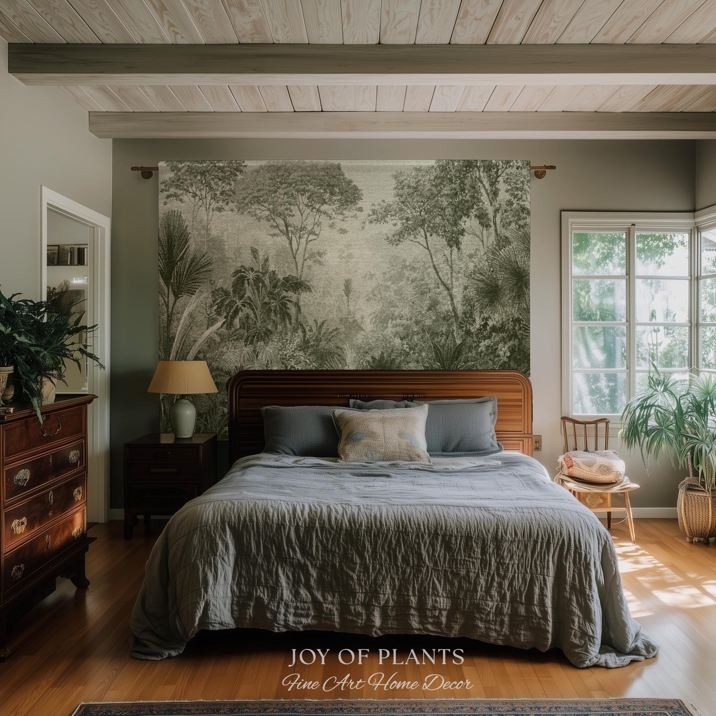 Overgrown Wilderness Botanical Tapestry | Monochrome Sage Green Natural History Misty Tropical European Conservatory Wall Textile Jacquard