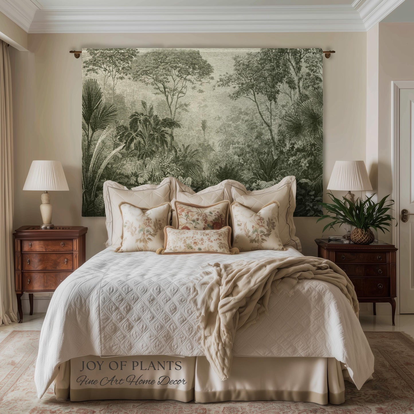 Overgrown Wilderness Botanical Tapestry | Monochrome Sage Green Natural History Misty Tropical European Conservatory Wall Textile Jacquard
