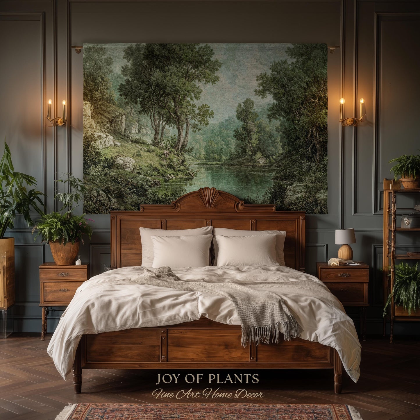 Tranquil Wilderness Verdant River Tapestry | Old World Countryside Throw Blanket Timeless Wall Art Woven Verdure Forest Woodland Landscape