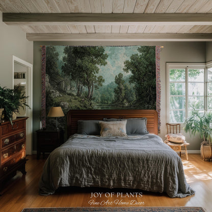 Tranquil Wilderness Verdant River Tapestry | Old World Countryside Throw Blanket Timeless Wall Art Woven Verdure Forest Woodland Landscape