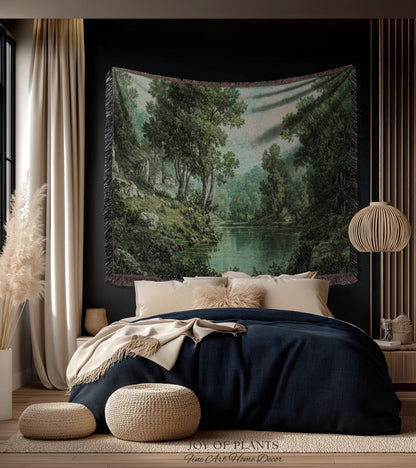 Tranquil Wilderness Verdant River Tapestry | Old World Countryside Throw Blanket Timeless Wall Art Woven Verdure Forest Woodland Landscape