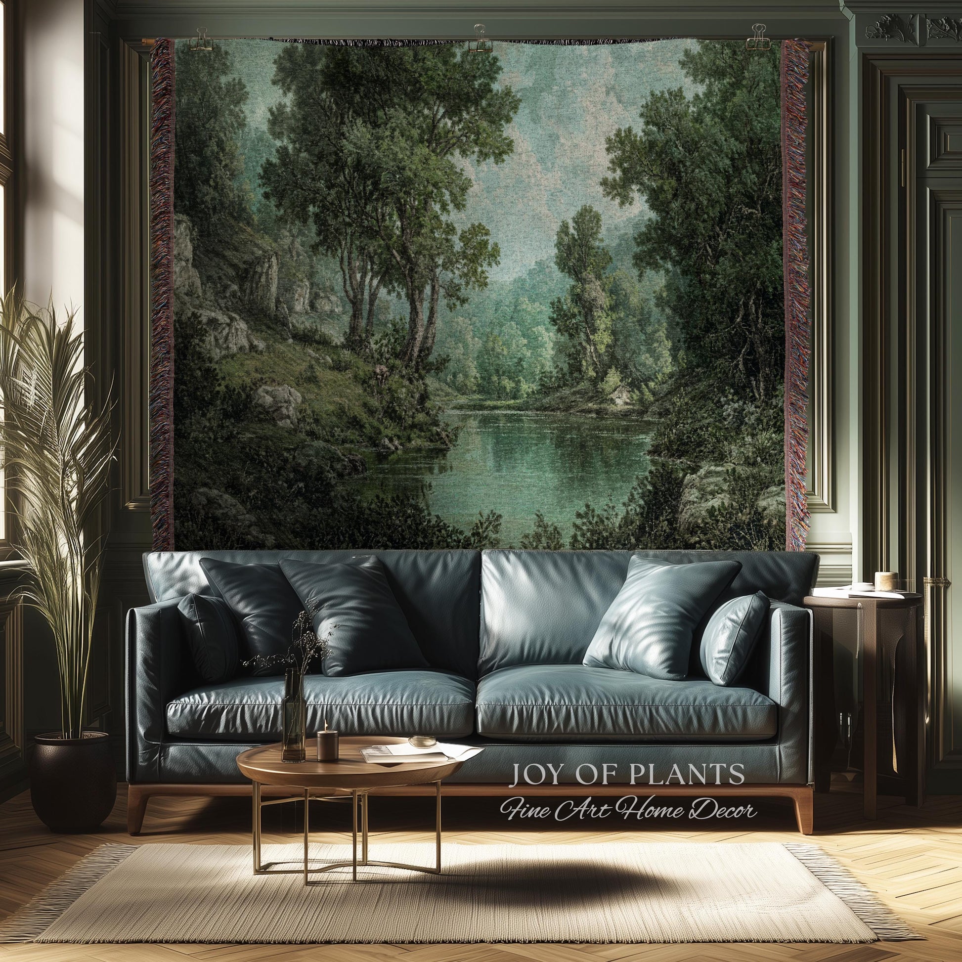 Tranquil Wilderness Verdant River Tapestry | Old World Countryside Throw Blanket Timeless Wall Art Woven Verdure Forest Woodland Landscape