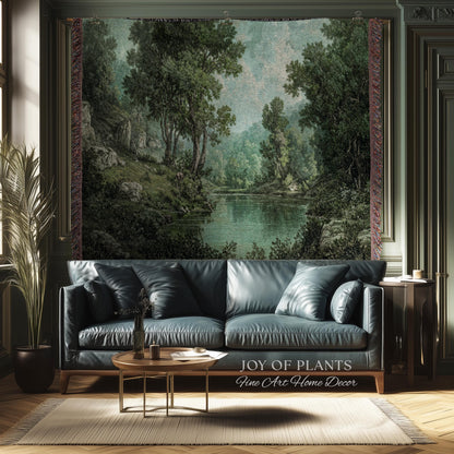 Tranquil Wilderness Verdant River Tapestry | Old World Countryside Throw Blanket Timeless Wall Art Woven Verdure Forest Woodland Landscape