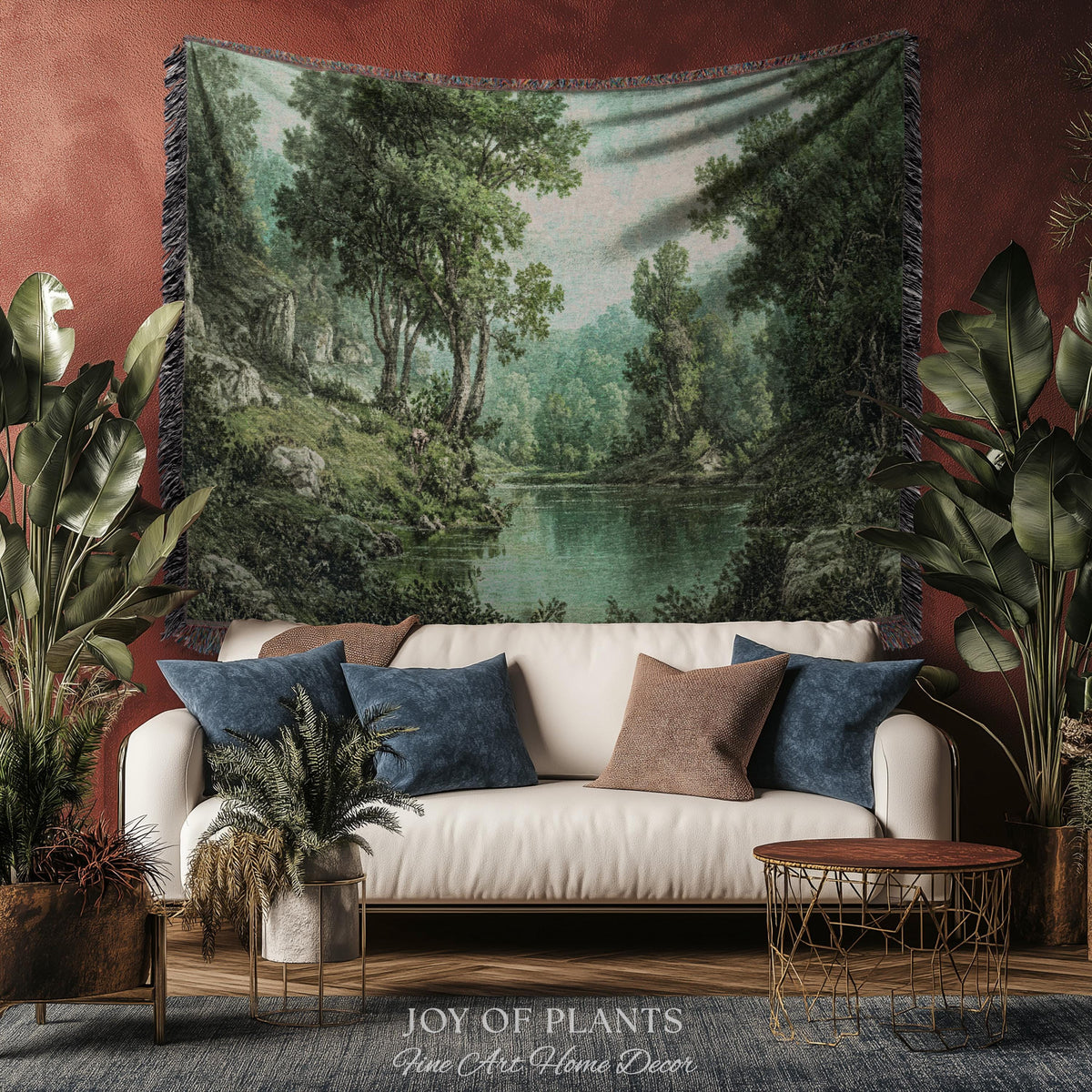Tranquil Wilderness Verdant River Tapestry | Old World Countryside Throw Blanket Timeless Wall Art Woven Verdure Forest Woodland Landscape