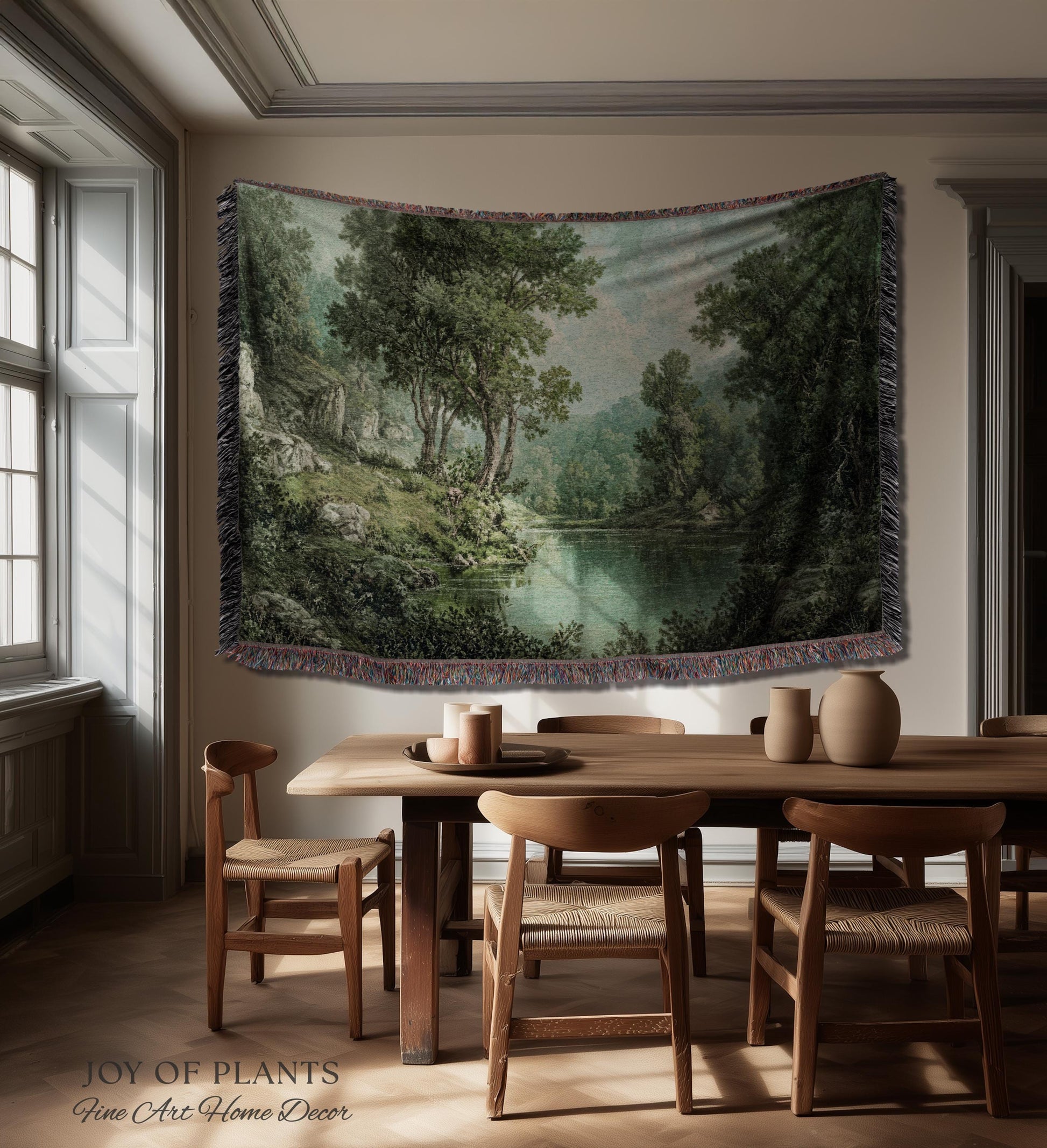 Tranquil Wilderness Verdant River Tapestry | Old World Countryside Throw Blanket Timeless Wall Art Woven Verdure Forest Woodland Landscape