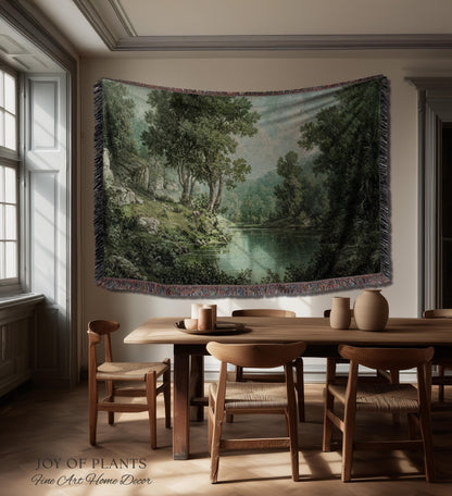 Tranquil Wilderness Verdant River Tapestry | Old World Countryside Throw Blanket Timeless Wall Art Woven Verdure Forest Woodland Landscape