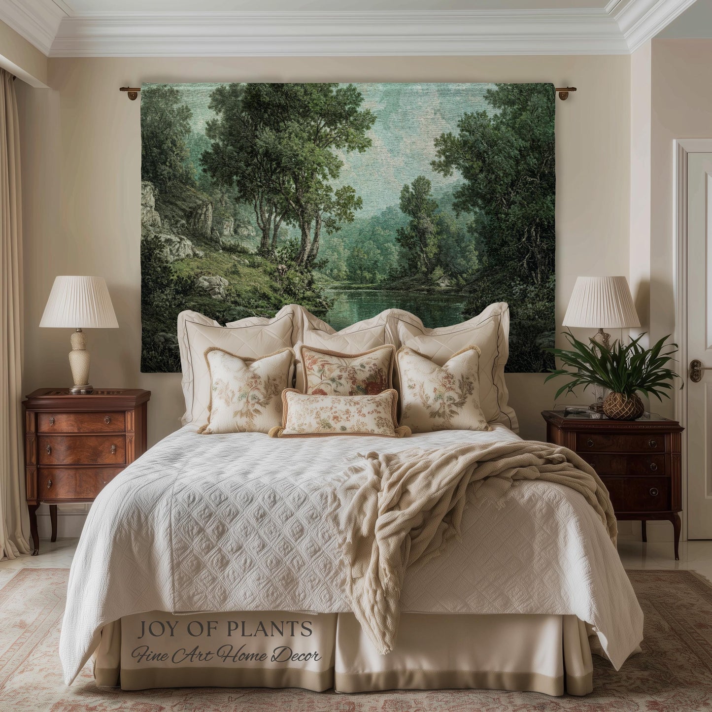 Tranquil Wilderness Verdant River Tapestry | Old World Countryside Throw Blanket Timeless Wall Art Woven Verdure Forest Woodland Landscape