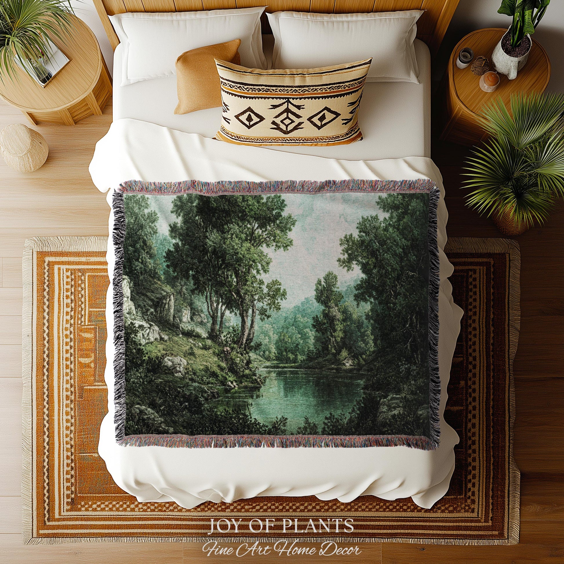 Tranquil Wilderness Verdant River Tapestry | Old World Countryside Throw Blanket Timeless Wall Art Woven Verdure Forest Woodland Landscape