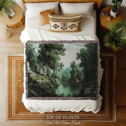 Tranquil Wilderness Verdant River Tapestry | Old World Countryside Throw Blanket Timeless Wall Art Woven Verdure Forest Woodland Landscape