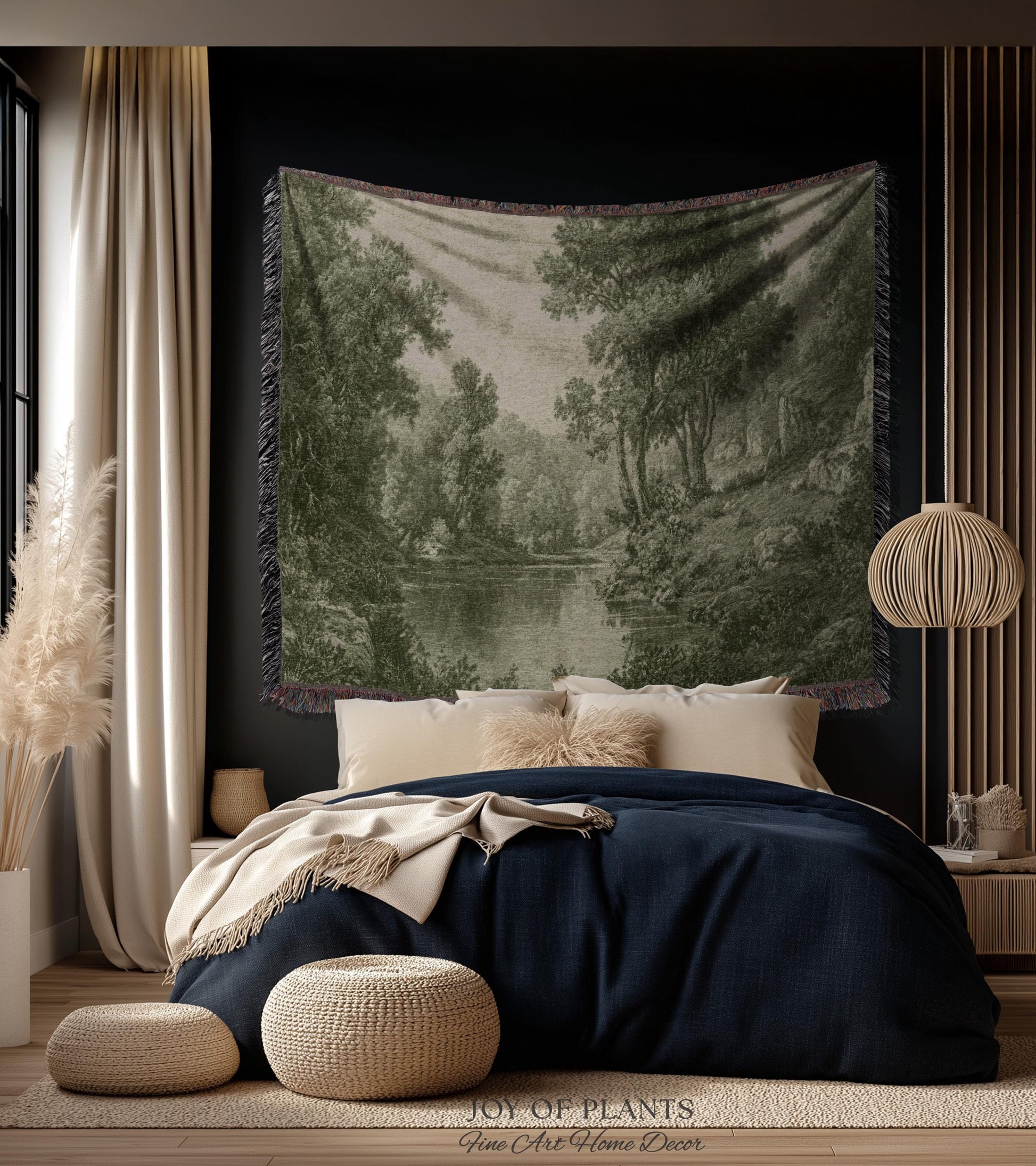 Old European Olive Green Woven Tapestry | Tonalist Lake Artwork Faded Forest Landscape Soft Monochrome Elegant Understated Estate Wall Art