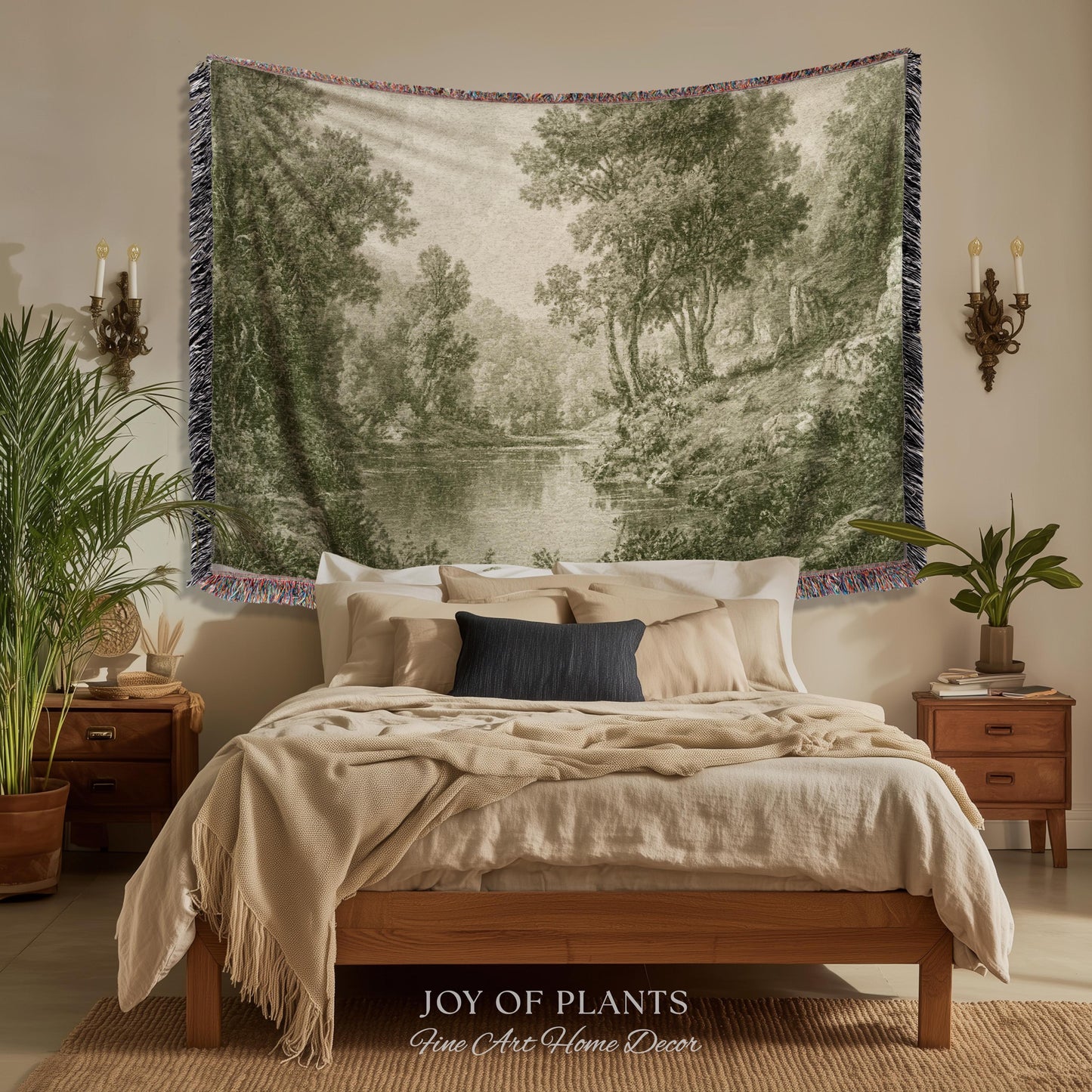 Old European Olive Green Woven Tapestry | Tonalist Lake Artwork Faded Forest Landscape Soft Monochrome Elegant Understated Estate Wall Art