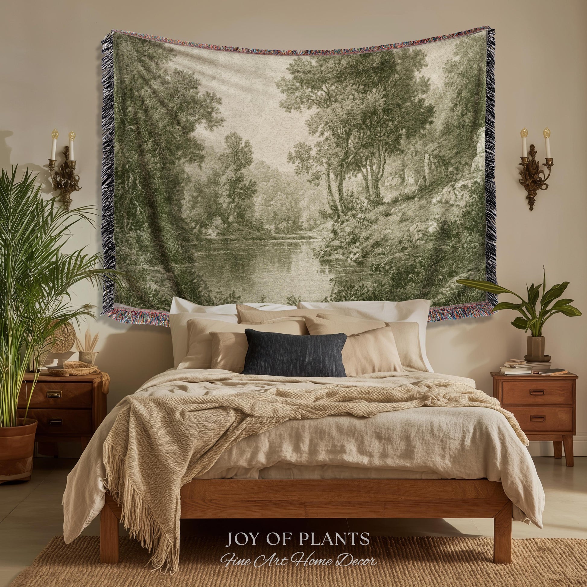 Old European Olive Green Woven Tapestry | Tonalist Lake Artwork Faded Forest Landscape Soft Monochrome Elegant Understated Estate Wall Art