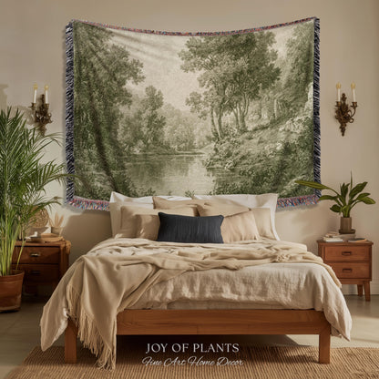 Old European Olive Green Woven Tapestry | Tonalist Lake Artwork Faded Forest Landscape Soft Monochrome Elegant Understated Estate Wall Art