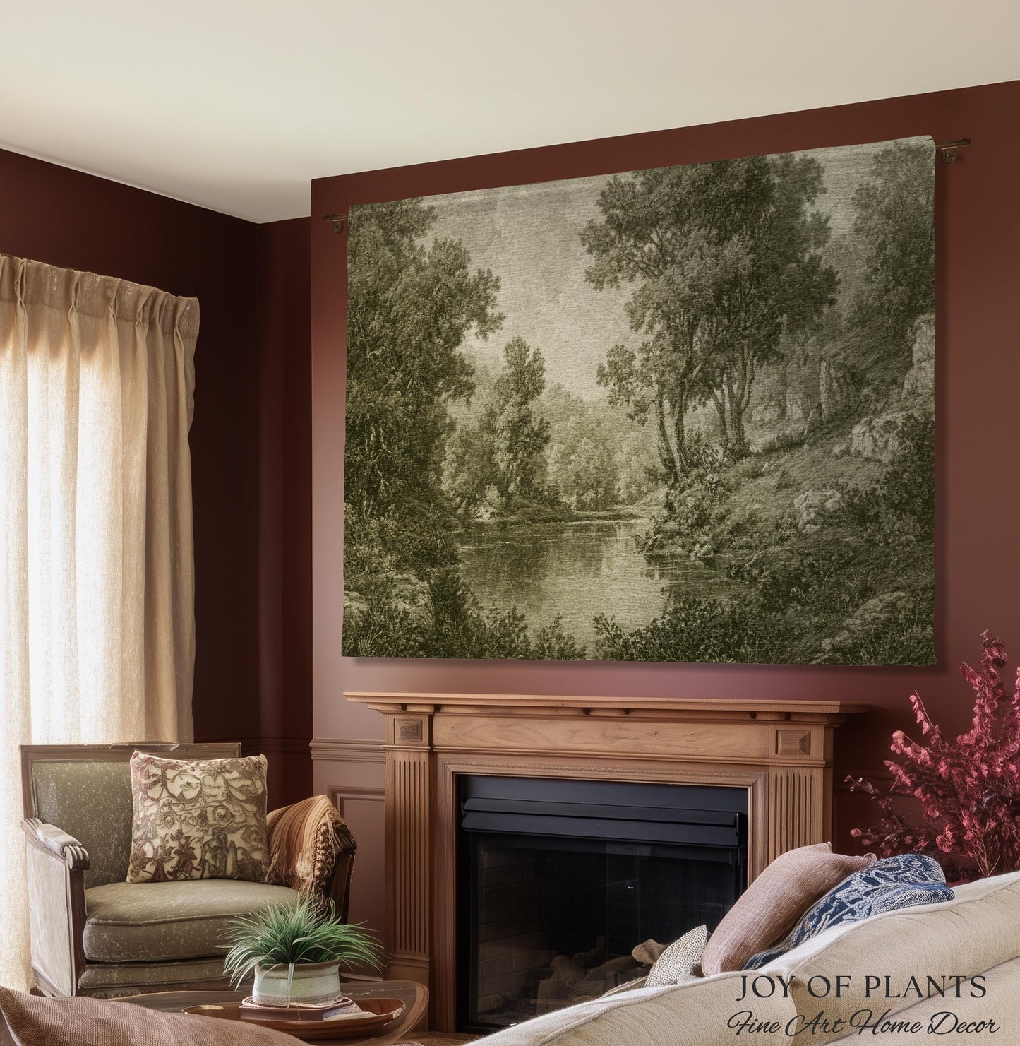 Old European Olive Green Woven Tapestry | Tonalist Lake Artwork Faded Forest Landscape Soft Monochrome Elegant Understated Estate Wall Art