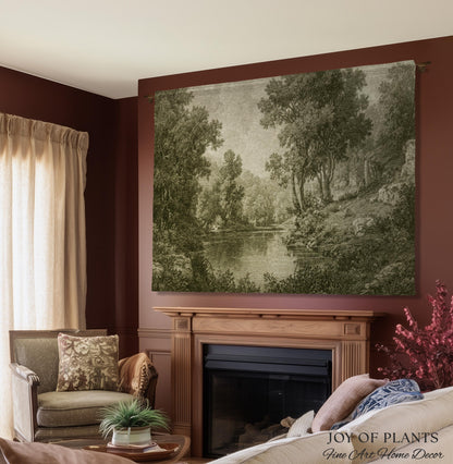 Old European Olive Green Woven Tapestry | Tonalist Lake Artwork Faded Forest Landscape Soft Monochrome Elegant Understated Estate Wall Art