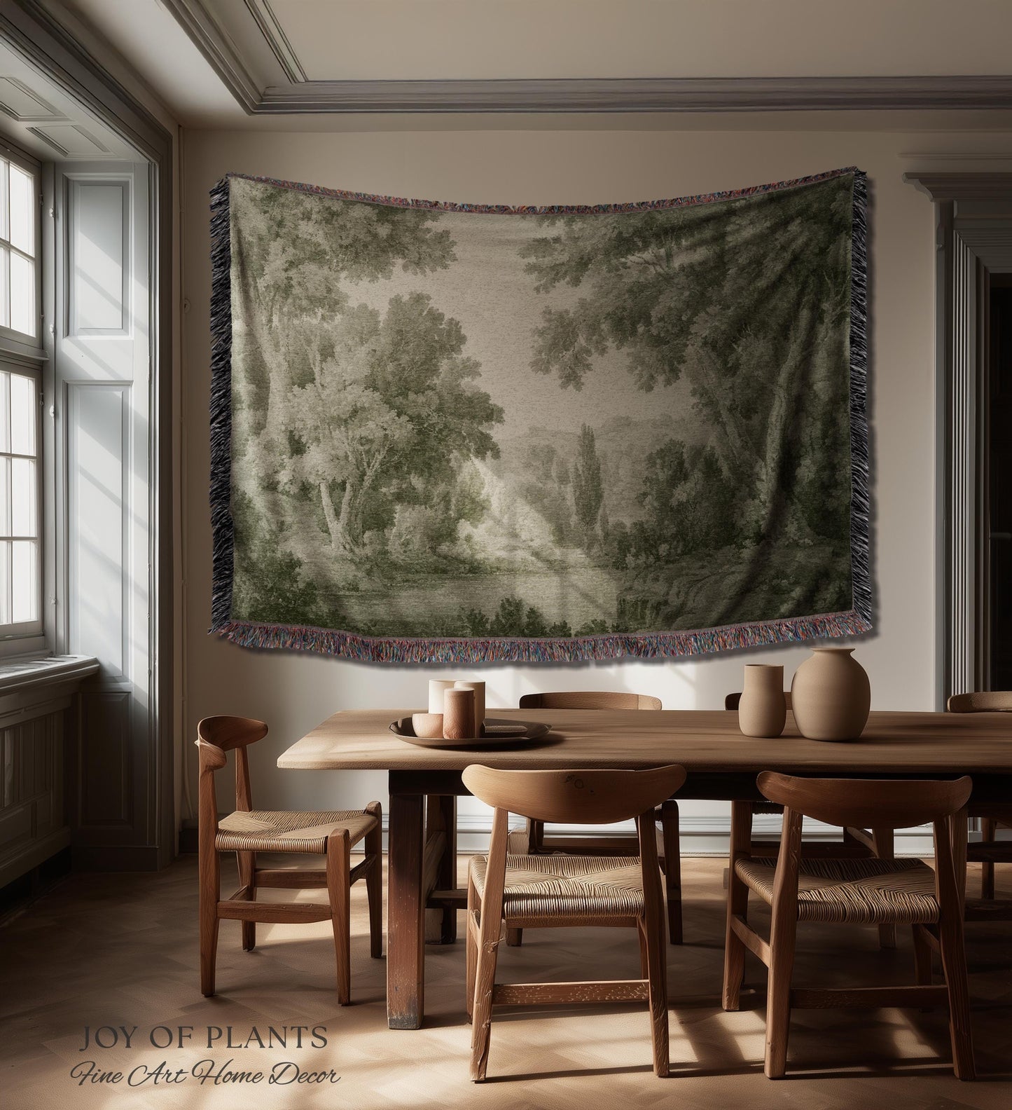 Timeless Olive Monochrome Wall Tapestry | Soft Countryside Pastoral Textile Historic Styling Woven Jacquard Throw Blanket Quiet Luxury Art