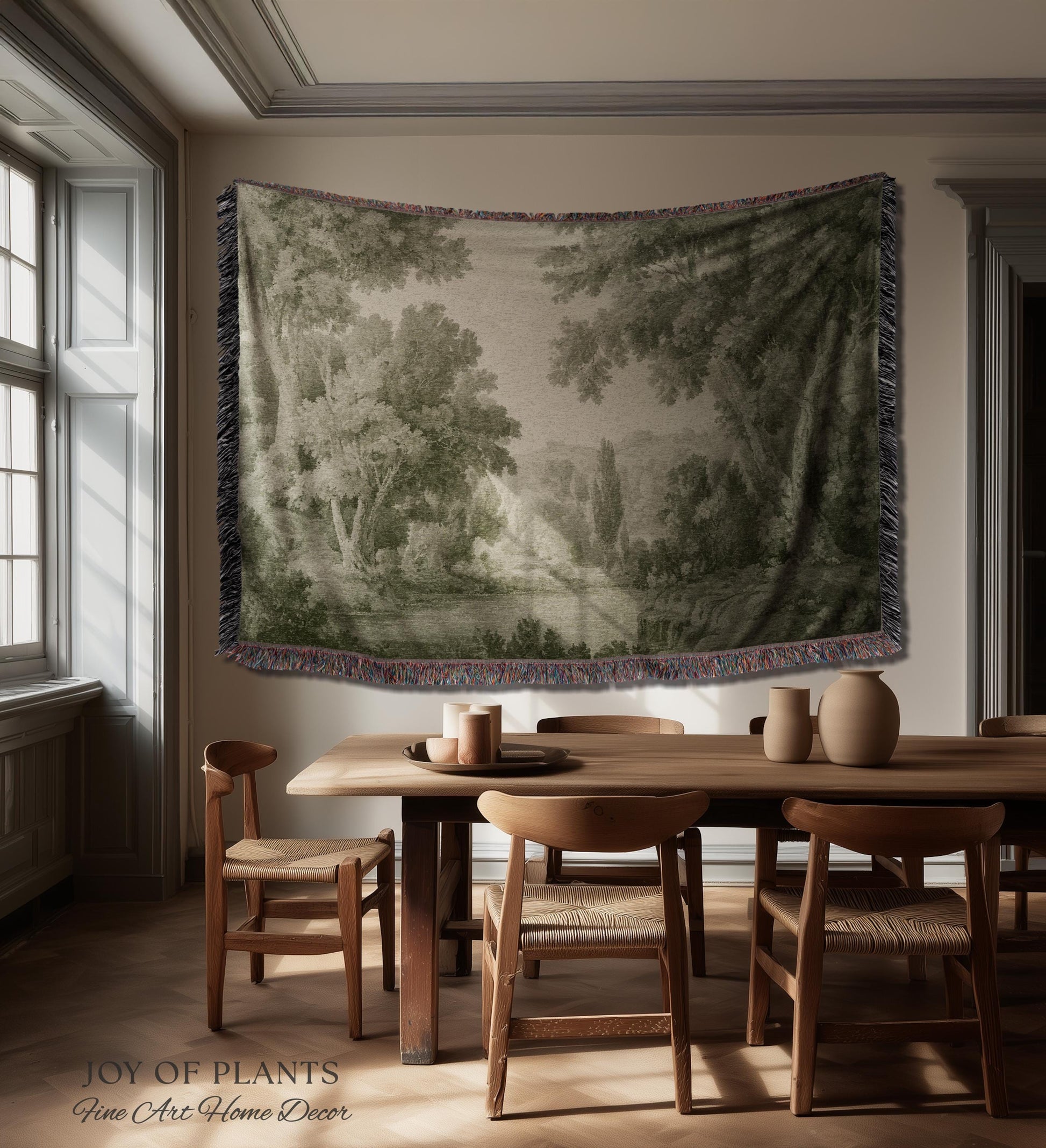 Timeless Olive Monochrome Wall Tapestry | Soft Countryside Pastoral Textile Historic Styling Woven Jacquard Throw Blanket Quiet Luxury Art