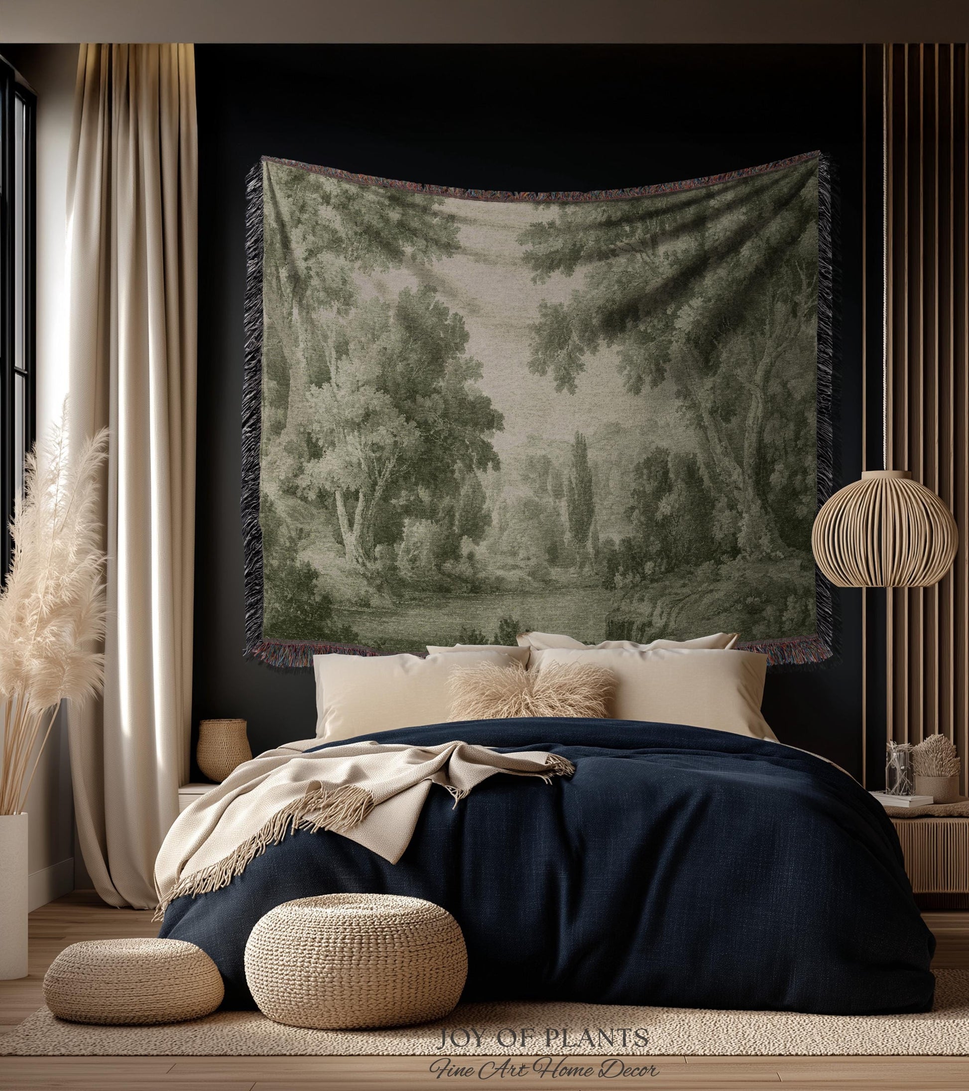 Timeless Olive Monochrome Wall Tapestry | Soft Countryside Pastoral Textile Historic Styling Woven Jacquard Throw Blanket Quiet Luxury Art