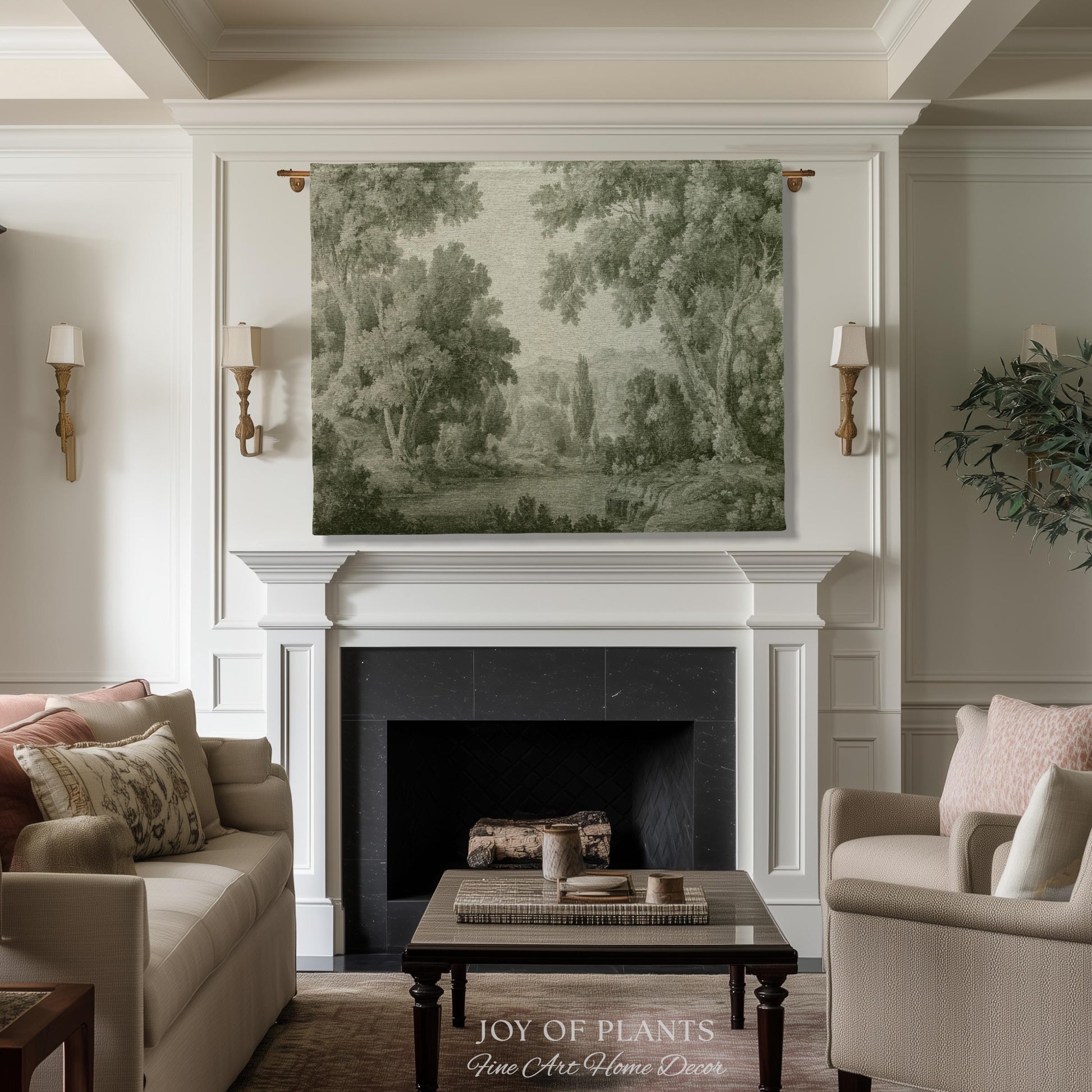 Timeless Olive Monochrome Wall Tapestry | Soft Countryside Pastoral Textile Historic Styling Woven Jacquard Throw Blanket Quiet Luxury Art
