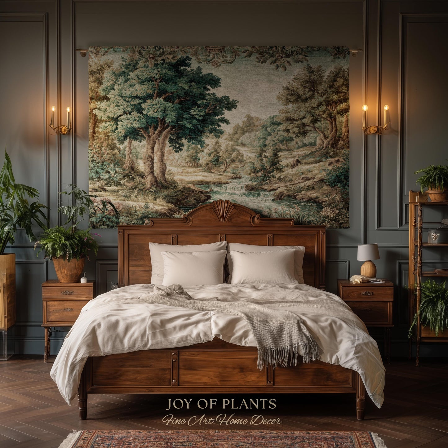 Idyllic Landscape Verdure Tapestry | Faded Botanical Elegant Verdure European Countryside Soft Verdant Woven Throw Blanket Classic Victorian