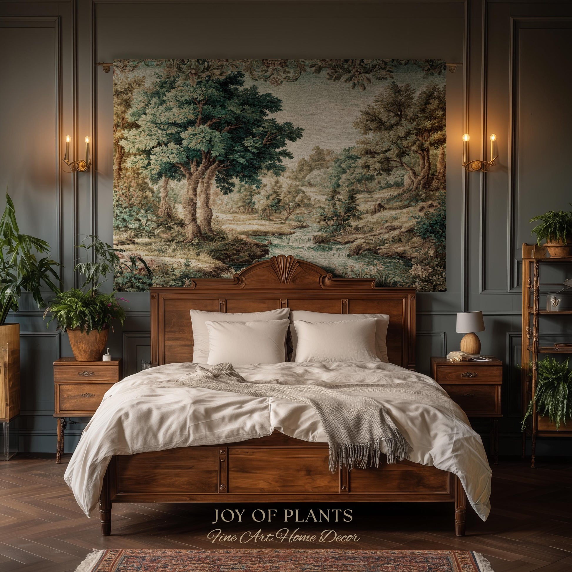 Idyllic Landscape Verdure Tapestry | Faded Botanical Elegant Verdure European Countryside Soft Verdant Woven Throw Blanket Classic Victorian