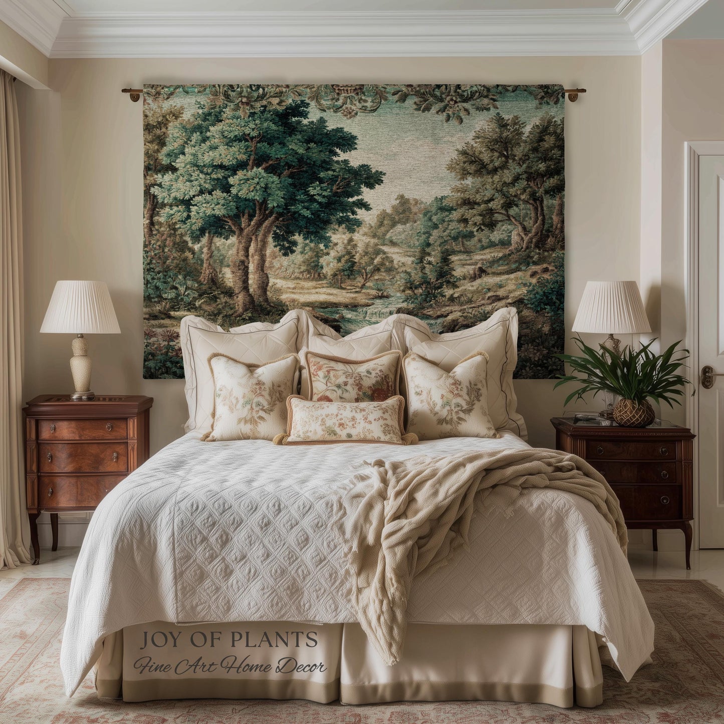 Idyllic Landscape Verdure Tapestry | Faded Botanical Elegant Verdure European Countryside Soft Verdant Woven Throw Blanket Classic Victorian