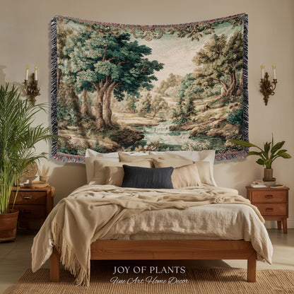 Idyllic Landscape Verdure Tapestry | Faded Botanical Elegant Verdure European Countryside Soft Verdant Woven Throw Blanket Classic Victorian