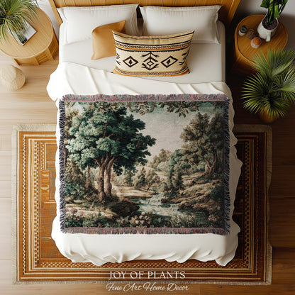 Idyllic Landscape Verdure Tapestry | Faded Botanical Elegant Verdure European Countryside Soft Verdant Woven Throw Blanket Classic Victorian