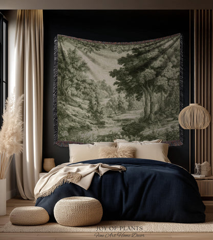 Mossy Passage Verdure Wall Tapestry | Pale Olive European Forest Woven Jacquard Throw Blanket Traditional Pastoral French Country Textile