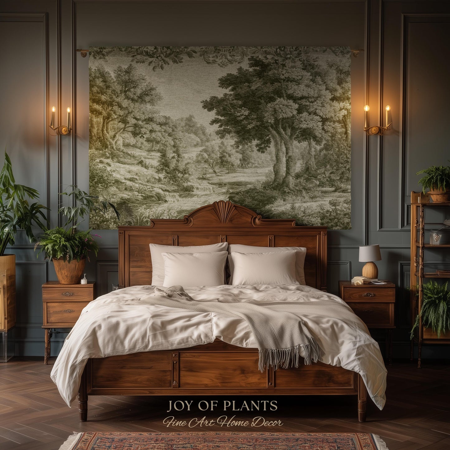 Mossy Passage Verdure Wall Tapestry | Pale Olive European Forest Woven Jacquard Throw Blanket Traditional Pastoral French Country Textile