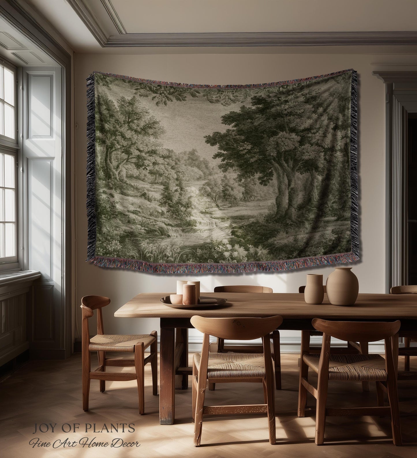 Mossy Passage Verdure Wall Tapestry | Pale Olive European Forest Woven Jacquard Throw Blanket Traditional Pastoral French Country Textile