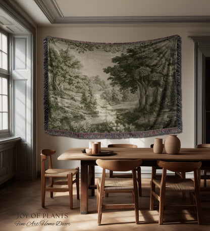 Mossy Passage Verdure Wall Tapestry | Pale Olive European Forest Woven Jacquard Throw Blanket Traditional Pastoral French Country Textile