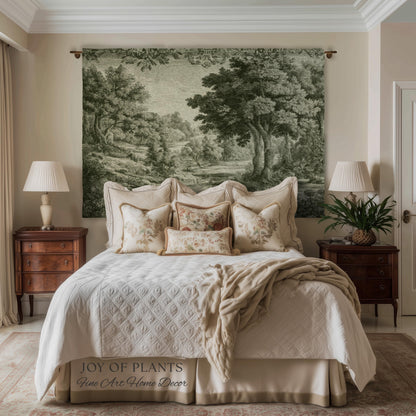 Mossy Passage Verdure Wall Tapestry | Pale Olive European Forest Woven Jacquard Throw Blanket Traditional Pastoral French Country Textile